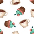 Seamless pattern with a cupcake and a cup of coffee or tea on a white background. wrapping paper, print, tablecloth, apron, cafe